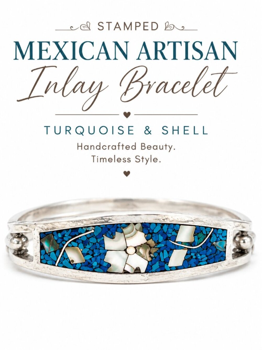 Mexican Artisan Turquoise & Abalone Shell Inlay Hinged Bangle Bracelet Stamped